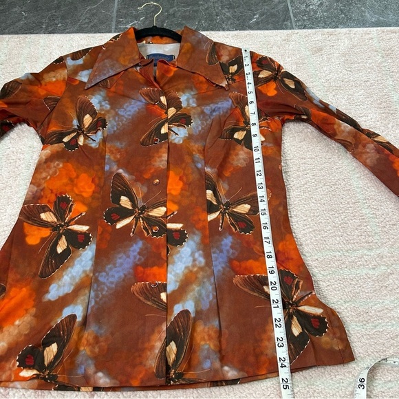 VNTG 70's Panhandle Slim Orange Blue Brown Butterfly Snap Front Shirt Size 14/36 - Picture 11 of 16
